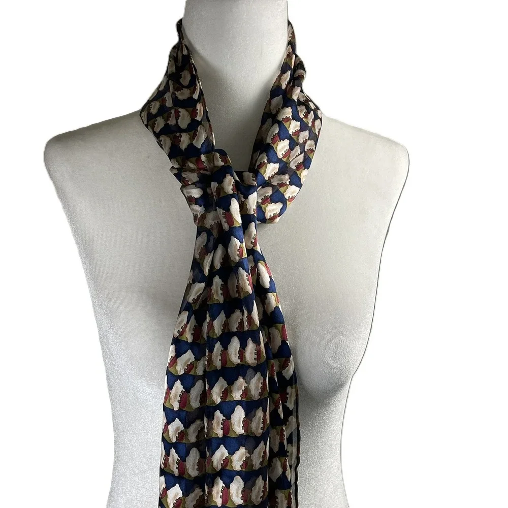 Vintage Style 100% Silk Abstract‎ Geometric Print Scarf Navy Blue Cream 64x13